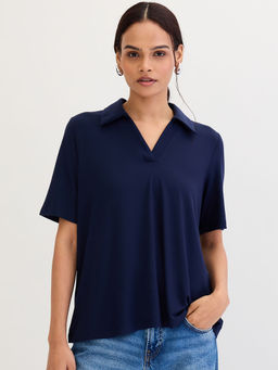 Femmella - Navy Blue Solid Relaxed Fit Top