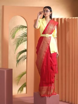 Beatitude - Red Woven Linen Saree with Unstitched Blouse