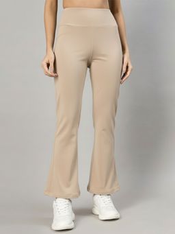 CHKOKKO - Women Beige Polyester Solid Flared Pant