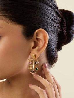 Isharya - Multi-Colour Onera Stones Earrings In 18Kt Gold Plated