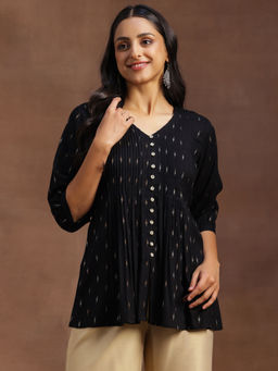 Libas - Black Zari Woven Design A-Line Kurti with Pintuck Detail