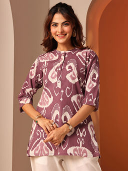 Libas - Purple Printed Straight Kurti with Roll-Up Sleeves