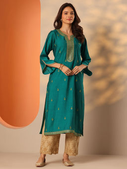 Libas - Rama Green Ethnic Motif Embellished Straight Kurta with Pocket
