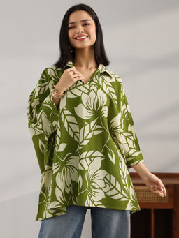 Libas - Green Floral Printed Kimono Sleeves A-Line Kurti