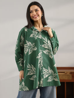 Libas - Green Floral Printed Panelled A-Line Tunic