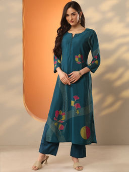 Libas - Blue Floral Motifs Printed Straight Kurta