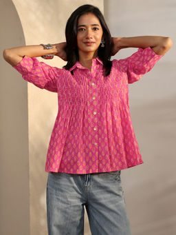 Libas - Pink Floral Motifs Printed Pleated Pintuck Top