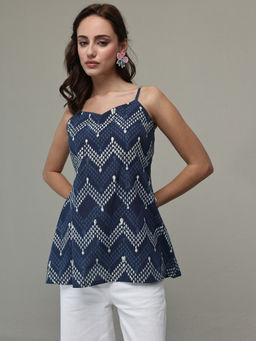 Libas - Blue Chevron Printed A-Line Short Kurti