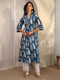 Libas - Blue Printed Front Pleated Panelled A-Line Kurta