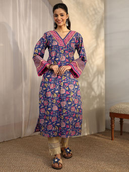 Libas - Blue Floral Printed Gotta Patti Straight Kurta