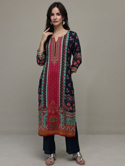 Libas - Navy Blue Floral Printed Straight Kurta with Lining