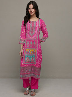 Libas - Pink Ethnic Motif Printed Straight Kurta with Lining