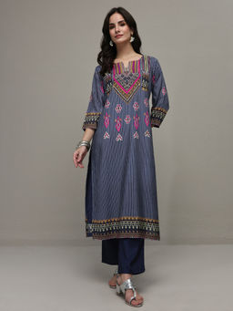Libas - Navy Blue Ethnic Motif Striped Printed Kurta with Lining