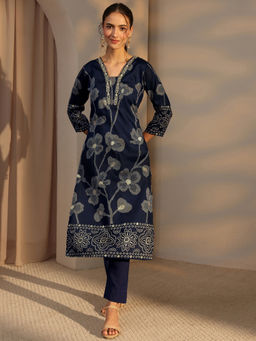 Libas - Navy Blue Floral Bandhani Printed Straight Kurta