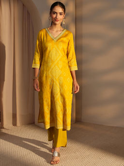 Libas - Yellow Floral Bandhani Printed Straight Kurta