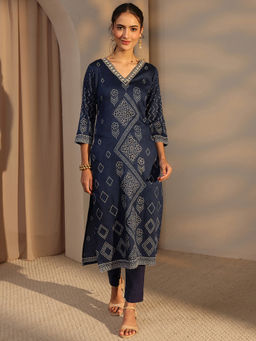 Libas - Navy Blue Floral Bandhani Printed Straight Kurta