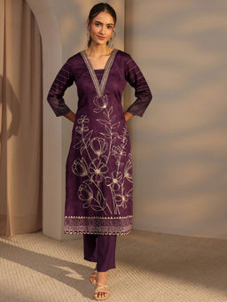 Libas - Burgundy Floral Printed Straight Kurta