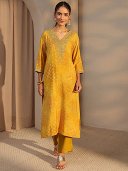 Libas - Mustard Bandhani Printed and Zari Embroidered Straight Kurta