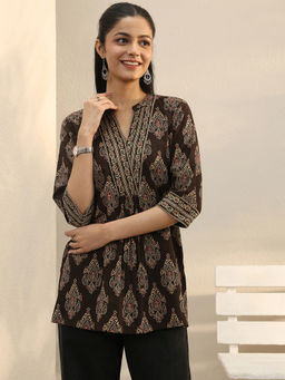 Libas - Brown Ethnic Motif Printed Pleated Straight Kurti
