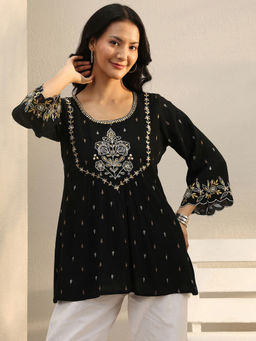 Libas - Black Floral Embroidered Pleated A-Line Kurti