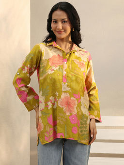 Libas - Green Floral Printed A-Line Top with Pocket