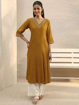Libas - Mustard Zari Stripes Straight Kurta with Pocket