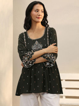 Libas - Green Floral Embroidered A-Line Kurti