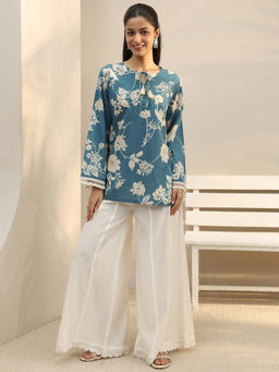 Libas - Blue Floral Printed Straight Kurti