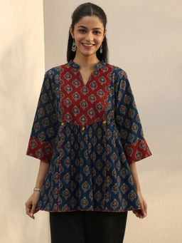 Libas - Blue Ajarkh Printed A-Line Pleated Kurti