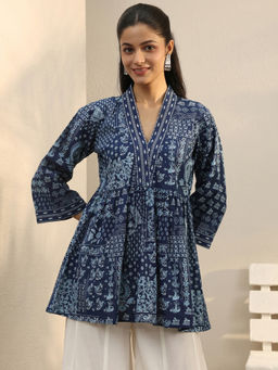 Libas - Blue Ethnic Motif Printed A-Line Pleated Kurti