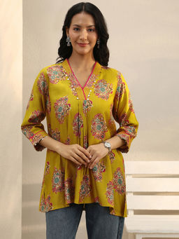 Libas - Mustard Ethnic Motif Printed A-Line Pleated Kurti