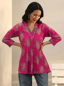 Libas - Pink Ethnic Motif Printed A-Line Pleated Kurti