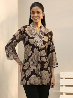 Libas - Brown Floral Printed Pleated Straight Kurti