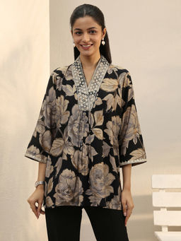 Libas - Black Floral Printed Pleated Straight Kurti