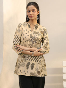 Libas - Beige Color Floral Printed Straight Kurti