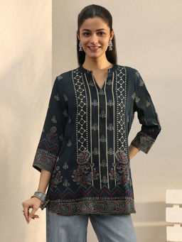 Libas - Blue Floral Printed Straight Kurti