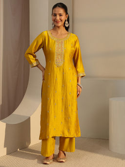 Libas - Mustard Ethnic Motif Zari Embellished Straight Kurta with Lining