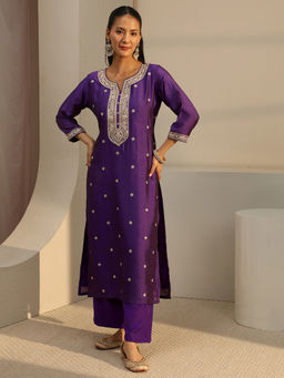 Libas - Purple Ethnic Motif Zari Embroidered Straight Kurta with Lining