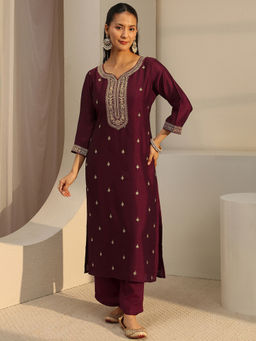 Libas - Maroon Ethnic Motif Zari Embroidered Straight Kurta with Lining