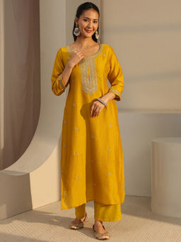 Libas - Mustard Ethnic Motif Zari Embroidered Straight Kurta with Lining