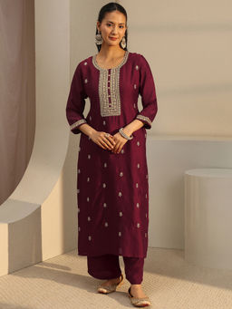 Libas - Maroon Ethnic Motif Zari Embroidered Straight Kurta with Lining