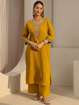 Libas - Mustard Ethnic Motif Beads Embellished Straight Kurta with Lining