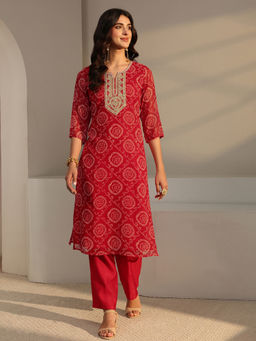 Libas - Red Bandhani Printed Straight Kurta with Lining