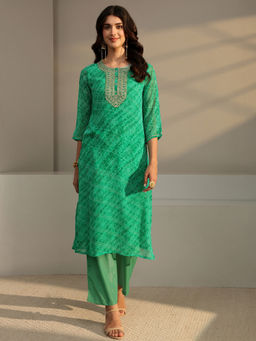 Libas - Green Bandhani Printed Straight Kurta with Lining