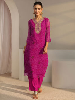 Libas - Magenta Bandhani Printed Straight Kurta with Lining