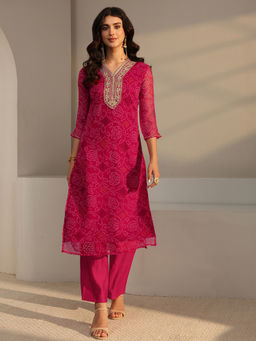 Libas - Pink Bandhani Printed Straight Kurta with Lining