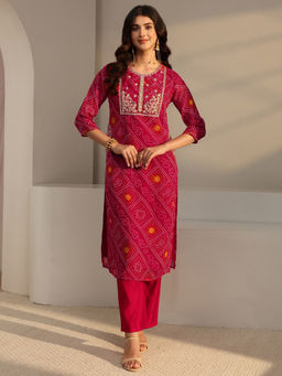 Libas - Pink Bandhani Printed Straight Kurta with Zari Embellished