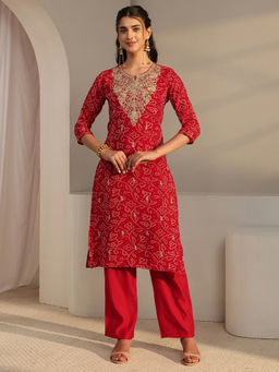 Libas - Red Bandhani Embroidered Straight Kurta with Lining