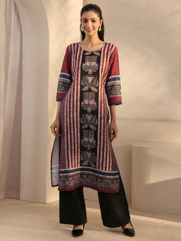 Libas - Maroon Striped Printed Straight Kurta