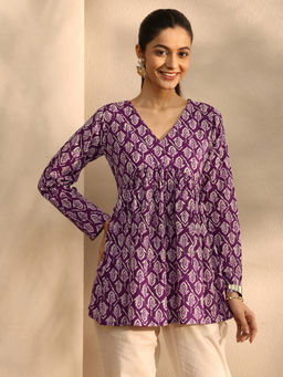 Libas - Purple Floral Motifs Printed Anarkali Style Kurti